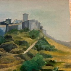Modernist landscape castle original painting abstract by Kirk greens gray