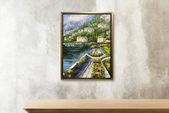 Hungryartist -Original Painting of Seaside Town View on Canvas 12×16 Framed