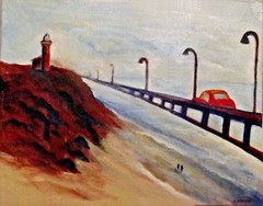 Red Car and lighthouse acrylic on canvas artist signed painting 11×14″