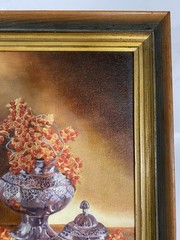 Original Oil Painting Still Life Wooden Frame Berries And Silver Urn