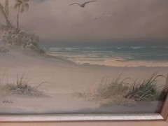 Vintage Nautical Beach Oil Painting Palms Seagulls Signed HILL 15.25″ X 13.25″