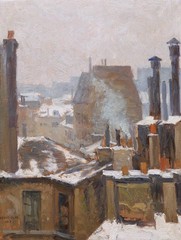 Henry Sené Framed Landscape Oil Painting, Paris Roofs Winter Snow, 35×27 cm