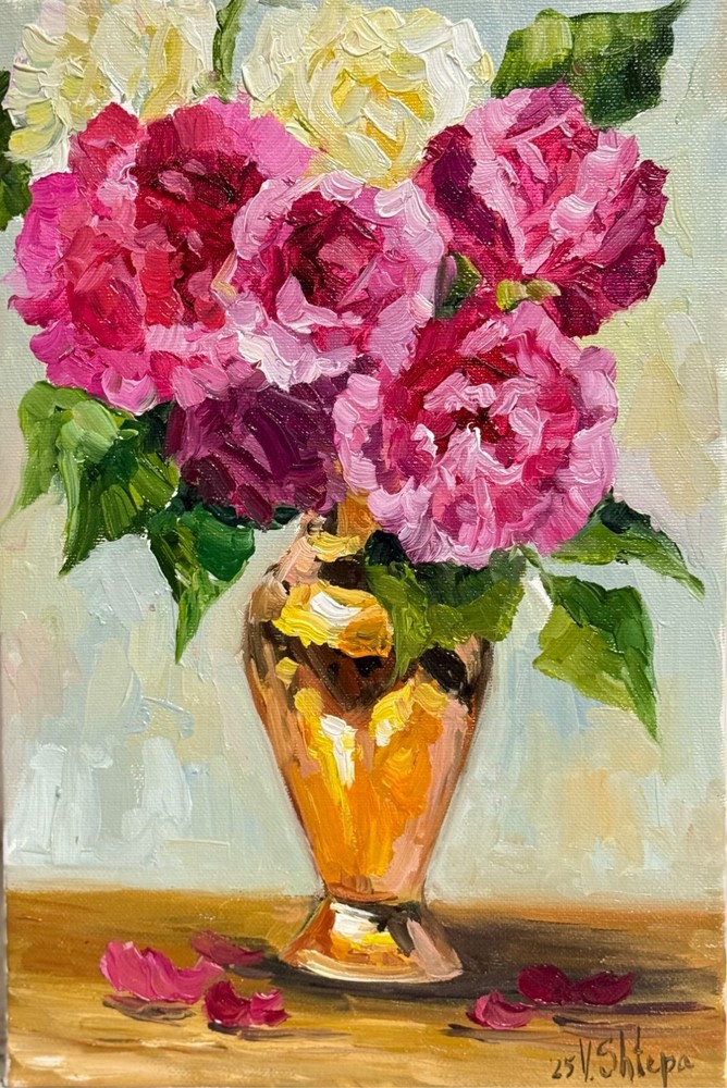Flowers Roses Painting Original Oil Impressionism Golden Vase Signed Art 12×8 in