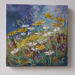 Golden Wildflower Meadow Original Oil Painting Floral Landscape Nature Wall Arts