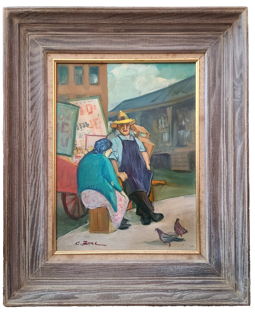 American NY Ashcan Artist Cecil Bell „Peanut Vendors“ Oil on Board Painting 1964