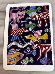 Cat & Fish Contemporary Painting on Paper Animals Art Unframed Single Piece