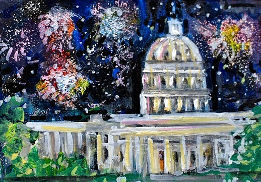 ACEO Original PAINTING Washington DC FIREWORKS Night Building Landscape ATC ART