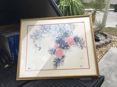 vintage flowers 1978 FRAMED ART BIRD COLOR 36X30 LARGE STAMP print lithograph,