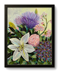 Floral Bouquet Painting Original Lily Botanical Wall Art Purple Pink 11×14 CP 14