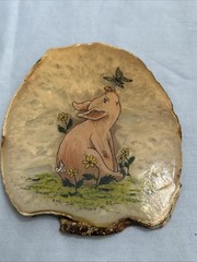 Vintage Signed Hand Painted Pig And Butterfly On Slice Of Agate Stone 1985