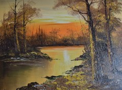G.WHITMAN SUNSET RIVER LANDSCAPE ORIGINAL OIL ON CANVAS PAINTING,16″x20″unframed