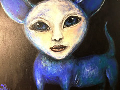 Fantasy Blue Puppy Friend – original acrylic painting on black canvas