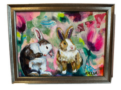 Bunny Rabbit Original Art Painting OOAK „Year of the Bun“ Framed Wall Decor 9×12