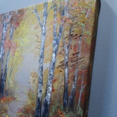 Autumn Forest Path Oil Painting Original Birch Trees Woodland Wall Art Decor 8×8