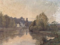 Impressionist Landscape Signed View Of Castle By The River 46 X 61 Cm