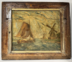 Antique Signed Painting Row of Windmills Sailboat Boat Canal Port Coast Framed