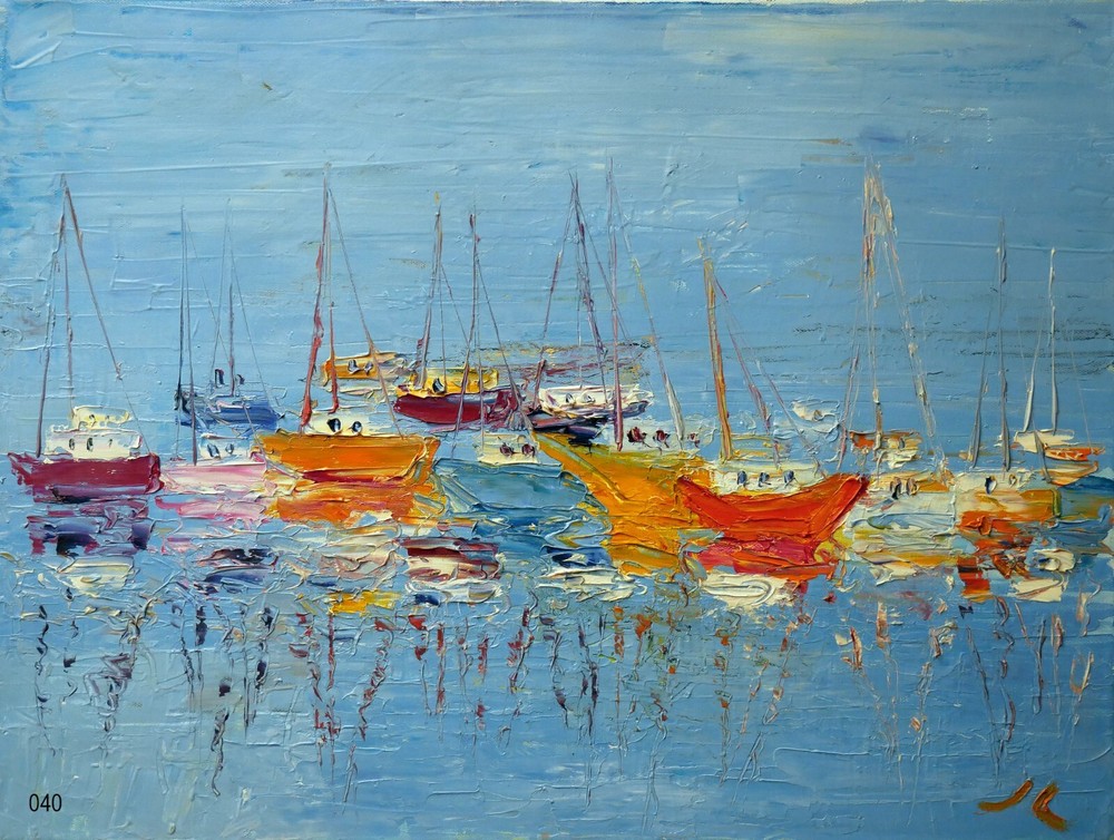 „Harbor Boats“ # 040- Original Oil Painting by Julia Lu 18×24″