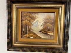 Vintage Oil On Canvas Painting Landscape Mountain River Scene Art Framed Signed