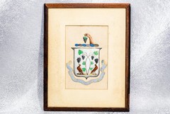 Fantastic Large Framed Antique Gouache Drawing Painting Armorial Coat of Arms