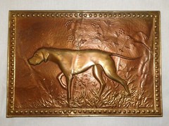 Hunting Dog Vtg Embossed Metal Picture Field Forest Nature Old Hunter Painting