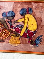Vintage 1973 Malaysian Batik Painting Signed Village Women Rooter Folk Art Frame