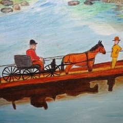 1970 Primitive Folk Art Landscape Oil Painting Horse Carriage Crossing River