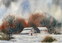 7X10” Original Watercolor Pamela Wilhelm Farm Barns Farmer Winter Landscape