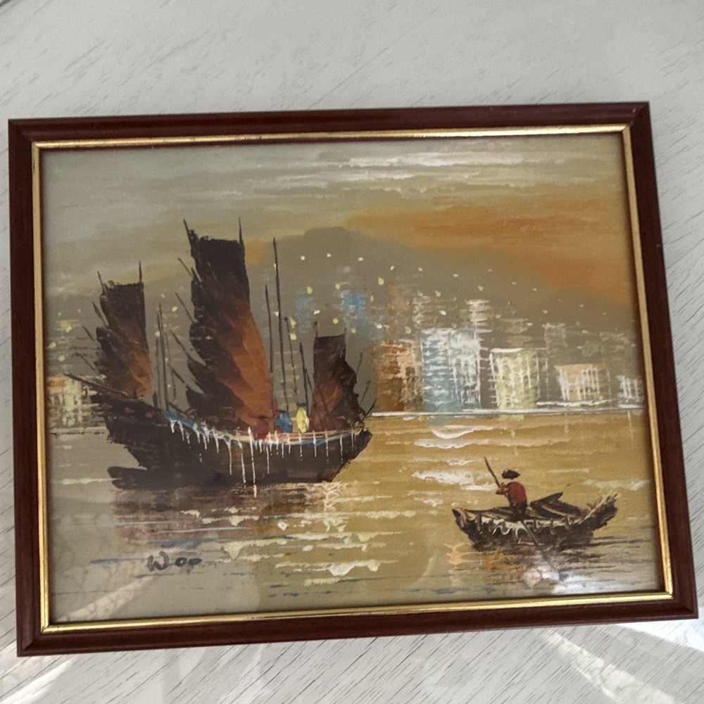 Vintage Painting, Chinese Junk Boats, Harbour, Asian Art, Mid-Century Wall Decor