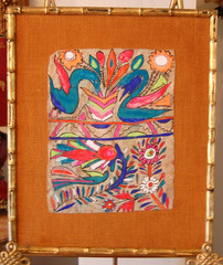 VTG 1960S MEXICAN AMATE BARK PAPER BURLAP FRAMED BIRD FLOWER FOLK ART PAINTING 3