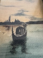 Antique 1906 Gondola VENICE Sunset WATERCOLOR in Original Gesso FRAME Italy 14×8