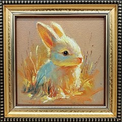 Original Oil Painting Rabbit Signed Animal Art 4×4 Framed Gift