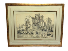 Grand Tour Watercolor of Gothic Ruins, Attributed to Charles-Joseph Celle C.1813