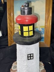 Vintage Painting Of Lighthouse, Signed E,Ward And Handmade Lighthouse