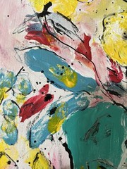 Original Abstract Floral Teal and Yellow Painting – Acrylic on Canvas Art 9×12