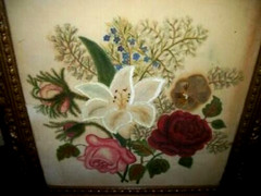 Americana 1870s Theorem Velvet Floral Painting Folk Art Old Wavy Glass Framed