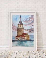 Kiz Kulesi Maiden’s Tower Instanbul Original Watercolor Paintin Landscape 11*16