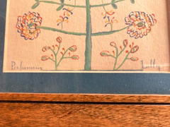 Pair Vintage Pennsylvania Dutch Fraktur Folk Art Framed Watercolor Prints Floral