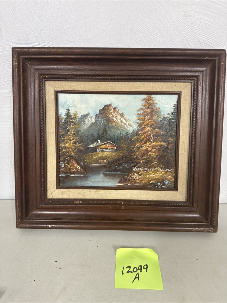 Vintage Mountain Oil Painting On Canvas Artist Signed Eugene Wood Cabin River