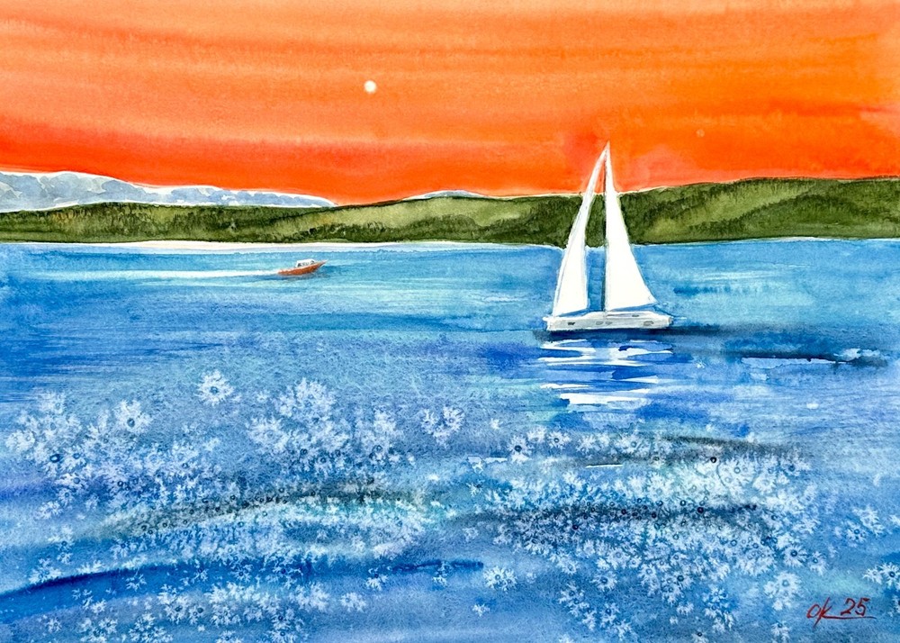 Original Watercolor Sailboat Painting – Seascape with Sunset Sky and Ocean Waves