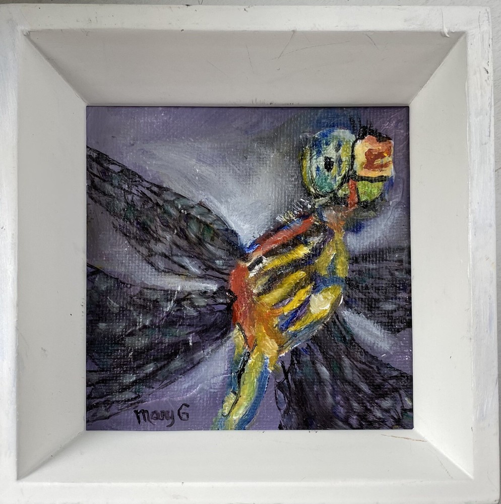 Dragonfly Close Up Original Oil Painting On Gessoed Panelboard 3×3, Frame 5×5