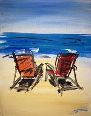 Two Beach Chairs Abstract AcrylicOriginal Art 14×11 Canvas