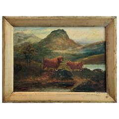 Antique Scottish Highland Romanticism Landscape with Highland Cattle, Signed/OOC