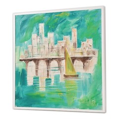 LeMark Mid-Century Modern Aqua Blue White and Green Nautical Harbor Painting