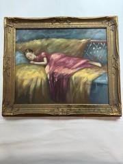 Large Framed Reclining Woman Oil Painting – Signed – Elegant Figurative