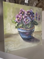 original oil painting still life 20х20cm Semi-abstract violets plant In a pot