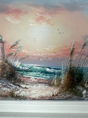 Seascape Ocean Lighthouse Painting Nautical Frame Signed J Thompson 9.5” x 7.5”