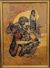 Pen & Ink Drawing on Peepal Leaf Thailand Tribes Mixed Media Art Signed Rom Vtg