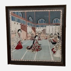 Vtg Print On Linen Japanese Samurai Shogun Women Tea Ceremony Meeting 22X22