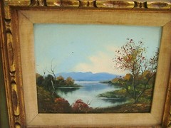 REYES North Or South America Midcentury Painting Lake With Hills Or Mountains