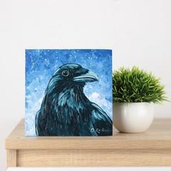Original Raven Oil Painting Crow Wall Art Small Art Night Sky Gothic Home Decor